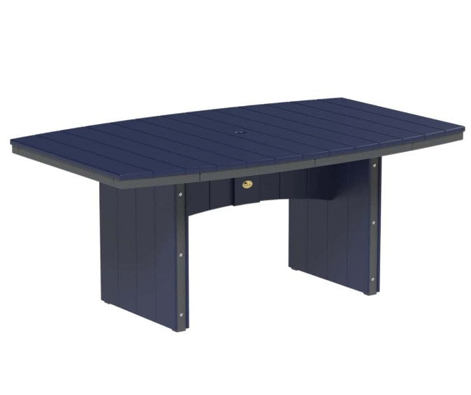 A navy blue outdoor dining table with a slatted top and paneled legs with slate trim, shown on a plain white background.