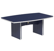 A navy blue outdoor dining table with a curved top and a matching pedestal base, featuring white trim, shown on a plain white background.