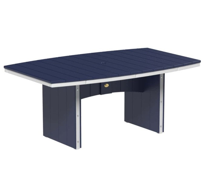 A navy blue outdoor dining table with a curved top and a matching pedestal base, featuring white trim, shown on a plain white background.