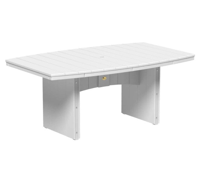 A white outdoor dining table with a slatted oval top and a solid block base, shown on a plain white background.
