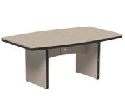 Outdoor dining table with a light beige slatted top and a taupe metal frame with black trim, shown on a white background.