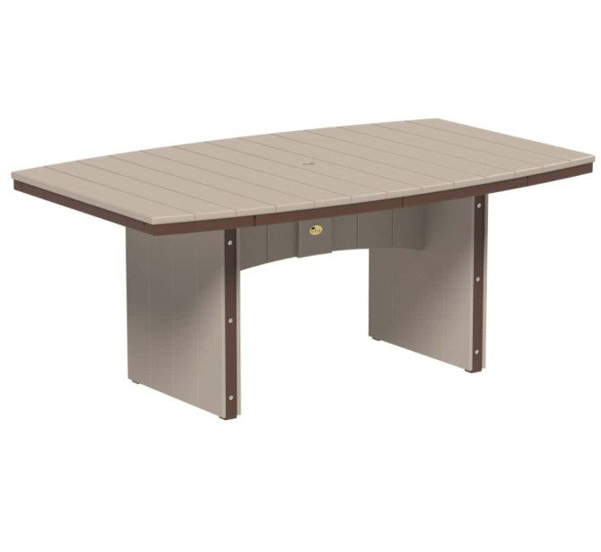 A modern outdoor dining table with a light beige slatted top and pedestal legs with dark brown trim, shown on a plain white background.
