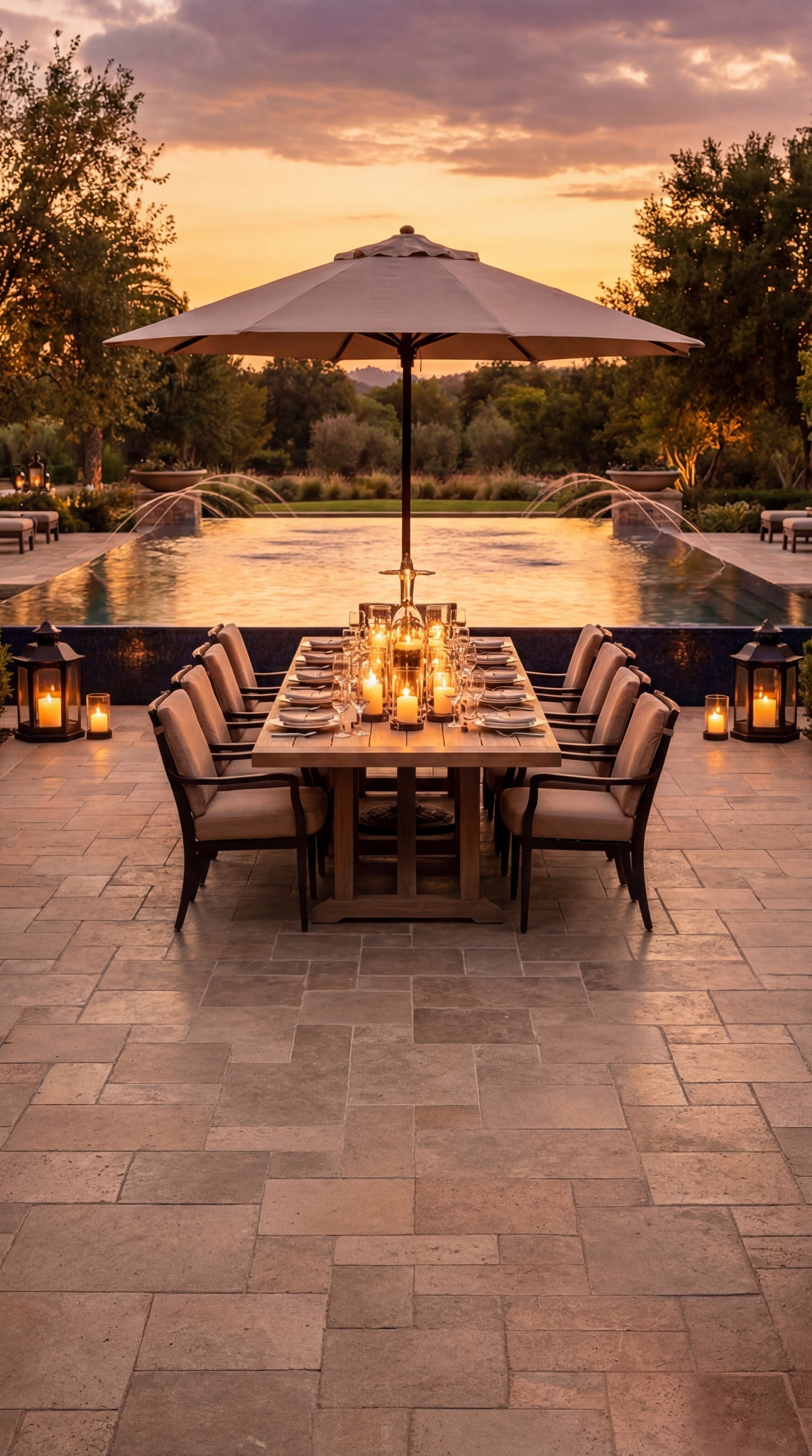 Sunshade & Accessories Collection Hero - Premium outdoor umbrella base and large open sunshade over lounge seating on a stone patio with pool and garden backdrop on a bright sunny day.
