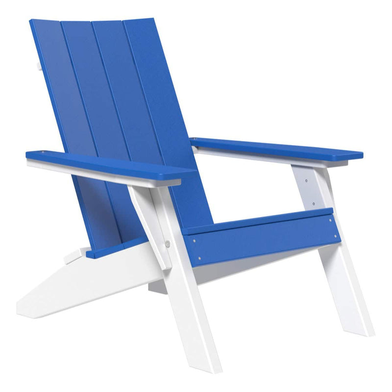 Blue and white Adirondack chair on a white background