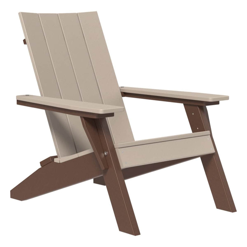 Polywood Adirondack chair with weatherwood  backrest and seat and chestnut brown legs on a white background