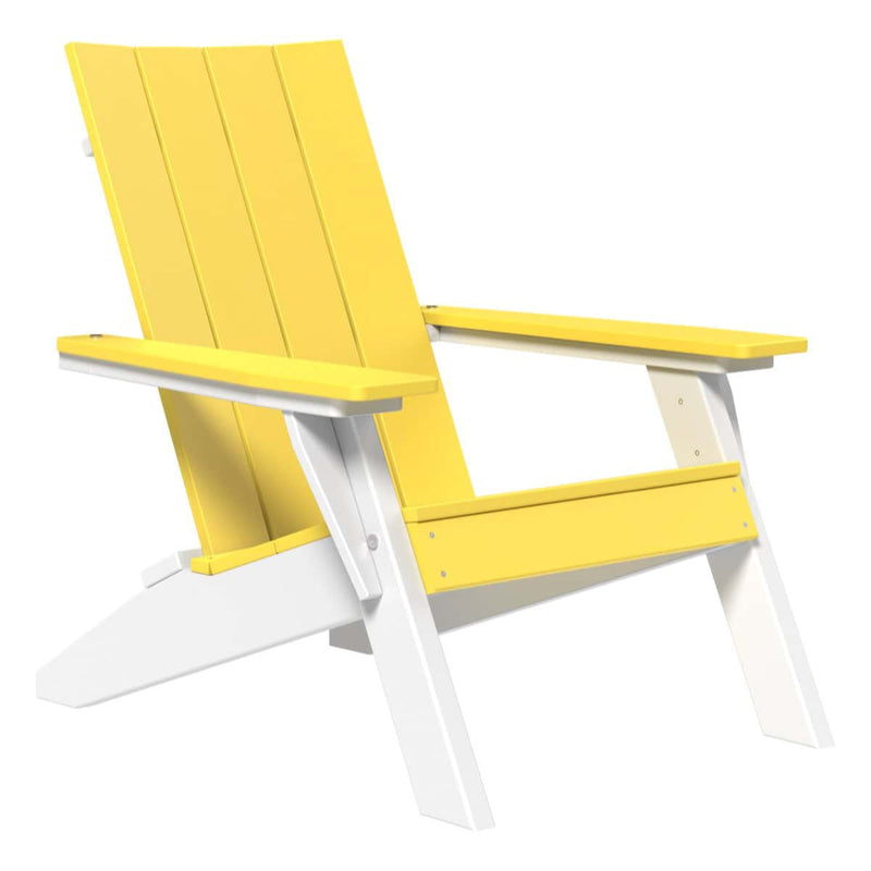 Yellow and white Adirondack chair on a white background.