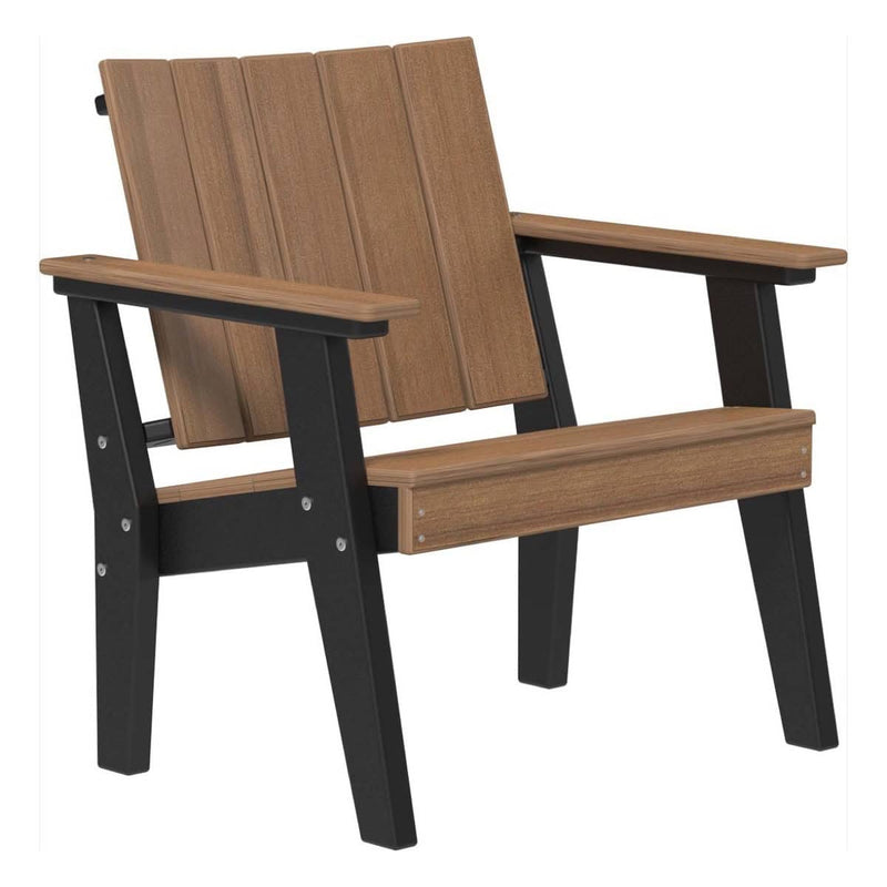 Polywood chair with brown seat and backrest and black legs on a white background