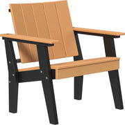 Chair with cedar backrest and seat and black armrests and legs on a white background