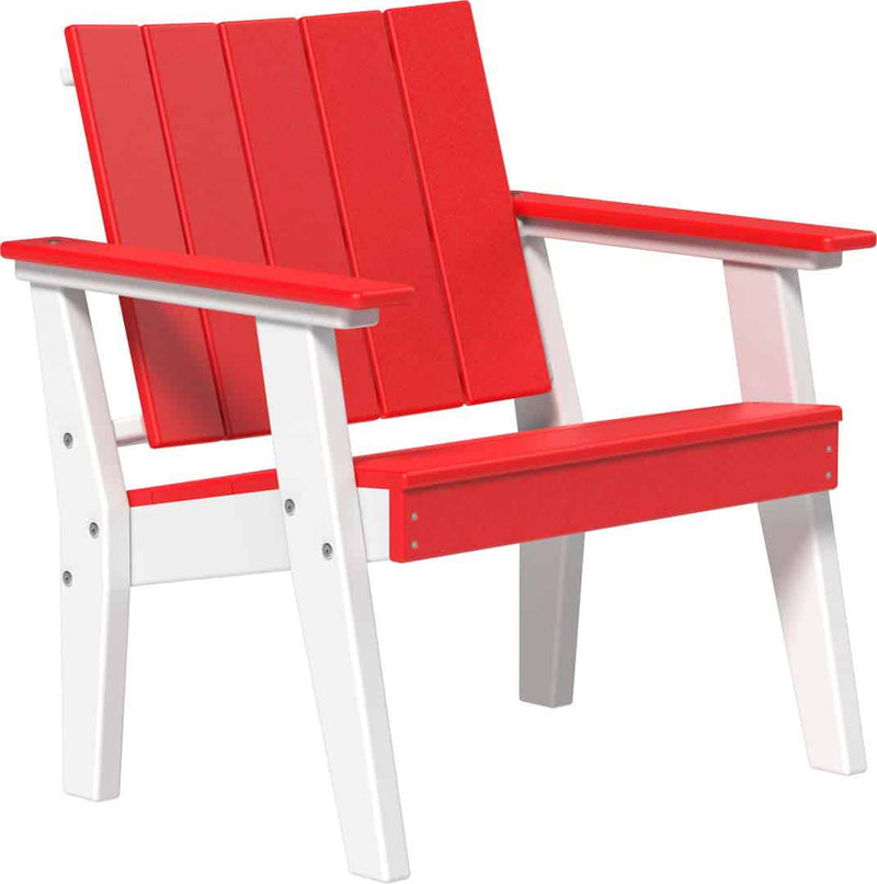 Red and white Adirondack chair on a white background