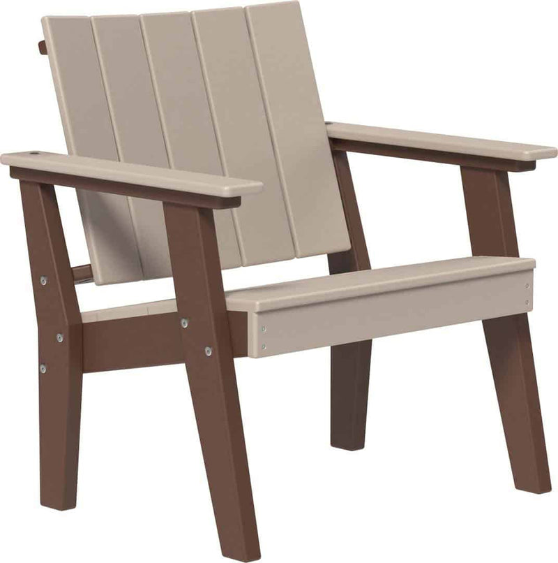 Two-toned polywood chair with weatherwood backrest and chestnut brown seat and legs on a white background
