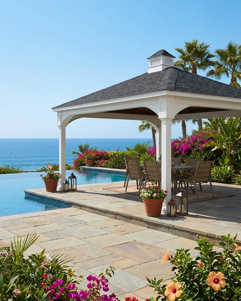 A white outdoor vinyl pavilion with a dark shingled roof sits beside a stone patio, pool, and ocean. The pavilion is furnished with a dining table and chairs, surrounded by tropical plants, palm trees, and bright pink flowers under a clear blue sky.