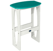 White bar stool with a teal seat on a white background