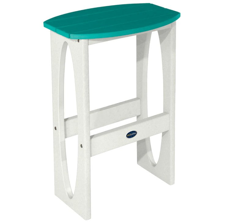 White bar stool with a teal seat on a white background