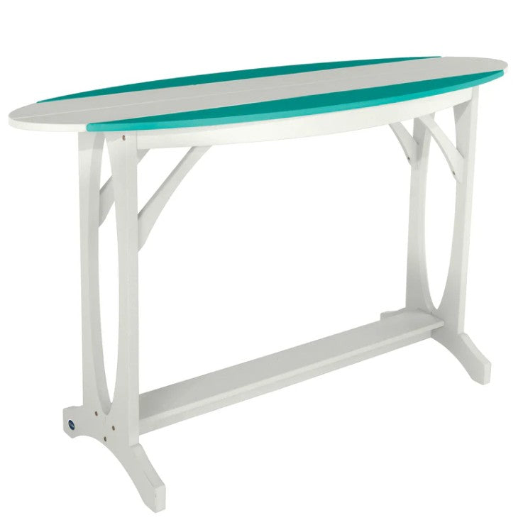 White table with a teal accent stripe on a white background