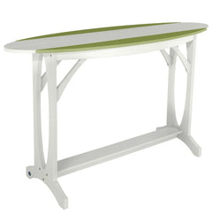 White table with green accents on a white background