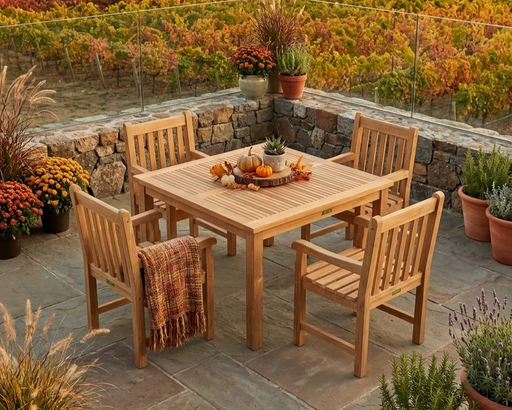 Anderson Teak Windsor Classic Armchair 5-piece dining table set on a stone patio with views of a vineyard.  