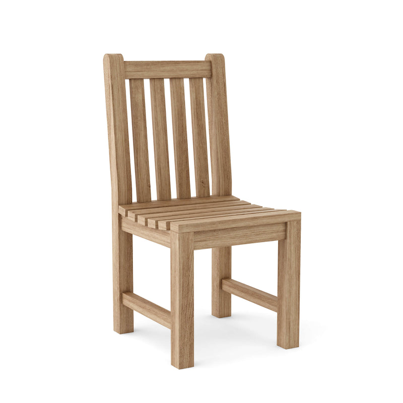Teak dining chair with angled view on a white background