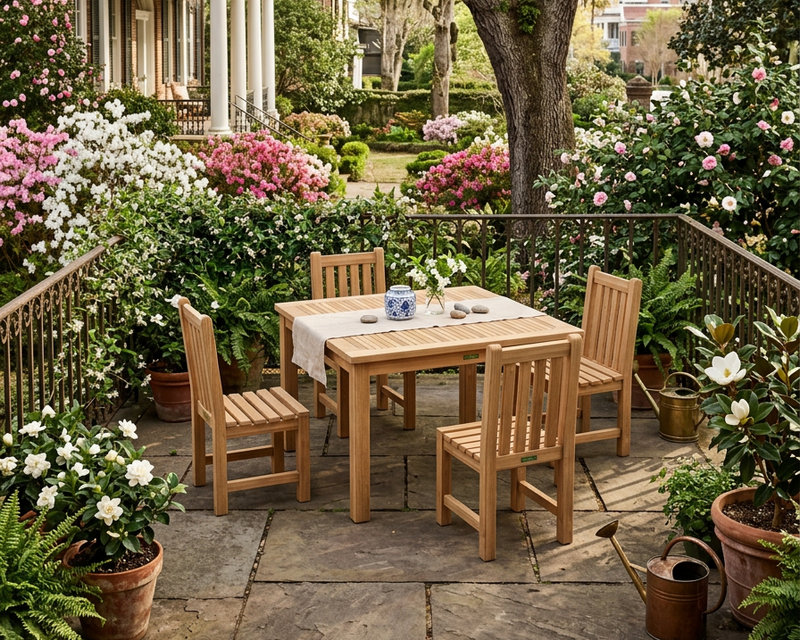 A 5-piece outdoor dining set made of light natural teak wood, including a rectangular table and four matching slatted chairs, arranged on a stone patio in a lush, garden-filled backyard setting.