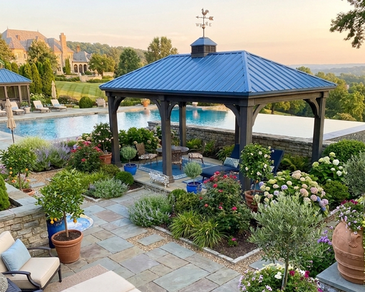 Amish Country Gazebo - Wooden Pavilion stained cinder with blue metal roof and cupola placed on a stone patio near a pool. 
