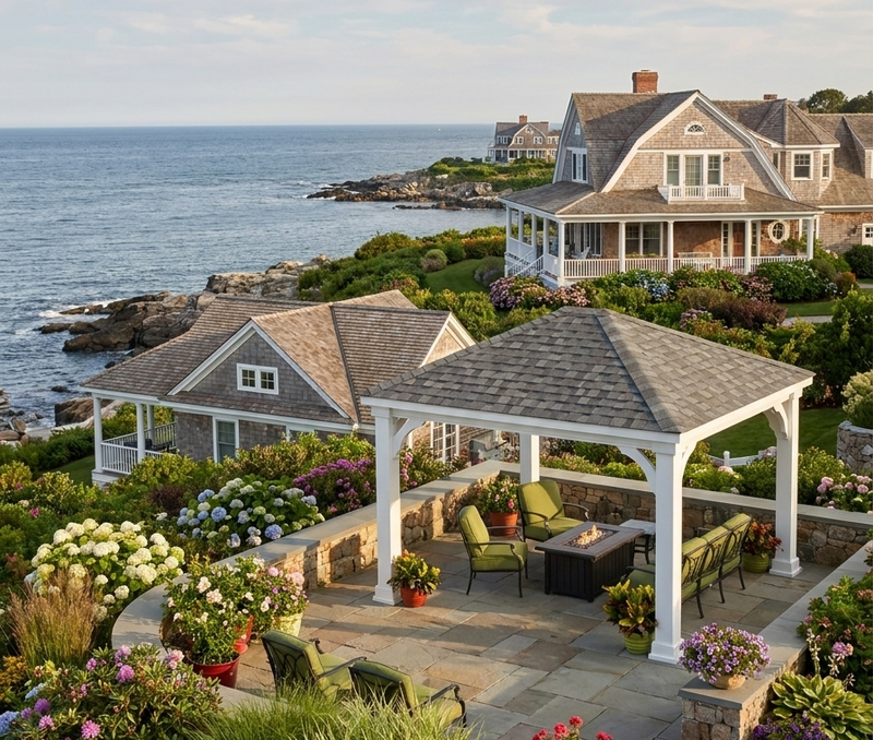 Amish Country Gazebo - Wooden pavilion painted white on stone patio near the ocean.  