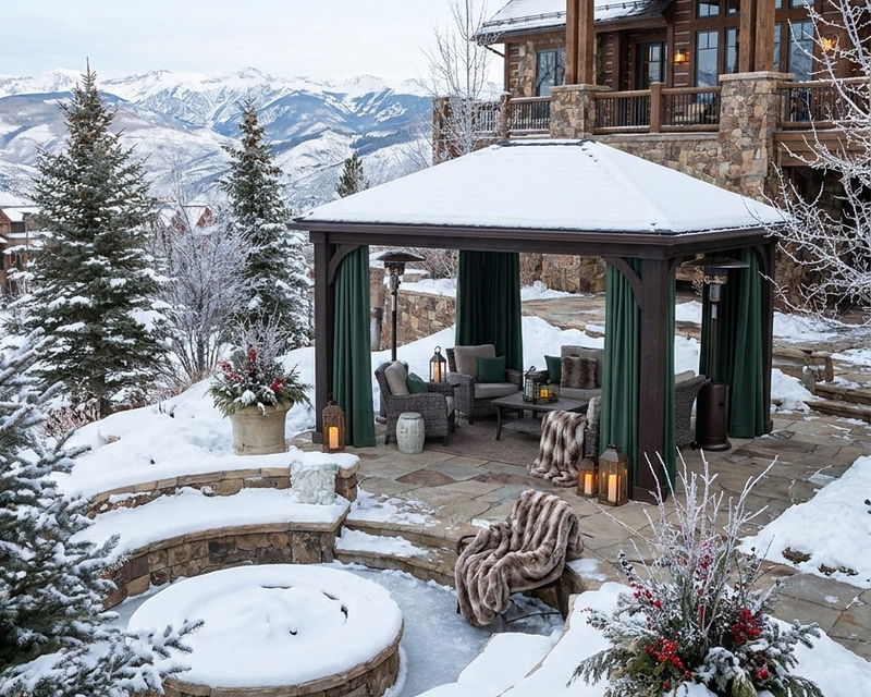 Amish Country Gazebo - Wooden pavilion stained cinder with green drapes for privacy on a stone patio near a log cabin in the mountain during winter.  