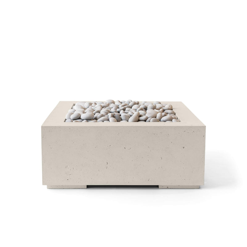 Alea 32-inch clay concrete fire pit with ivory beach stone on a white background.  