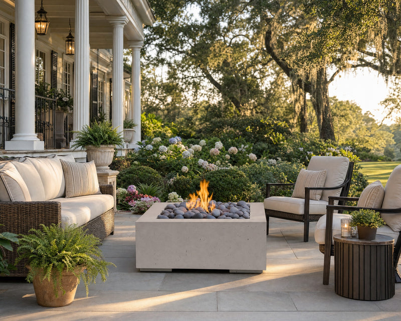 Alea 32-inch clay concrete fire pit with black slate stones on a stone patio.  The patio is centered between an elegant seating area, and the patio has views of a southern covered porch and lush gardens.  