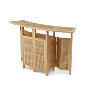 Wooden bar cabinet with a slatted top on a white background