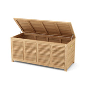 Wooden storage bench with open lid on a white background