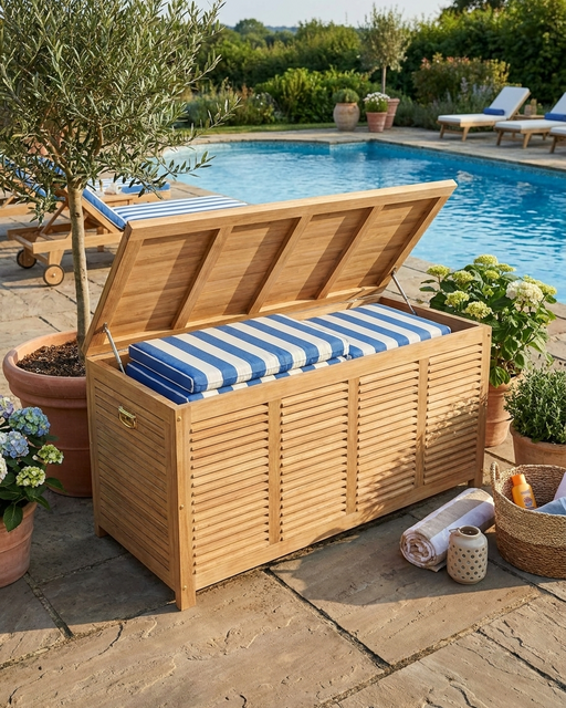 A wooden outdoor storage bench with a slatted front and lid, cushioned with a blue and white striped seat cushion, placed beside a swimming pool on a stone patio with potted plants and lounge chairs in the background.