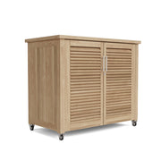 Wooden storage cabinet with two doors on wheels against a white background
