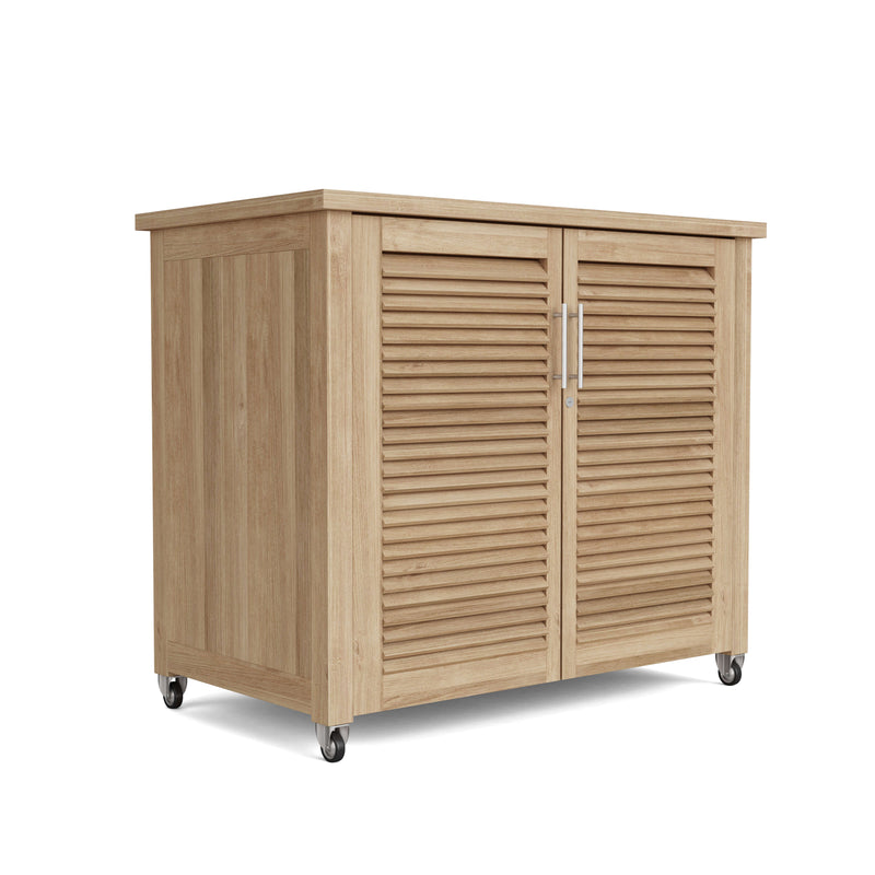 Wooden storage cabinet with two doors on wheels against a white background