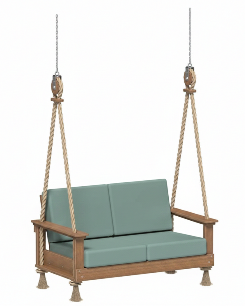Two-seater swing with green cushions on a white background