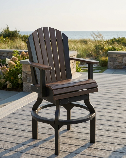 Adirondack chair on a deck with a scenic background