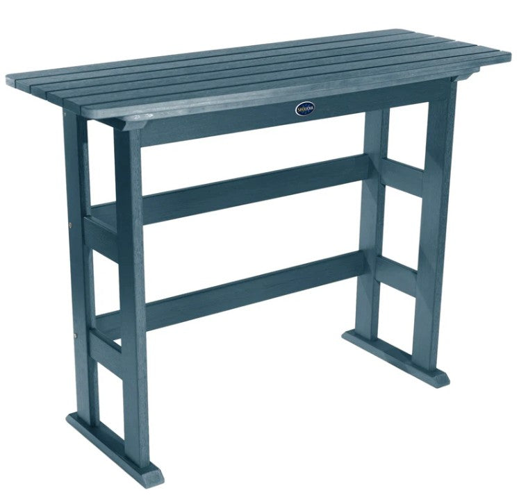 Blue outdoor table with a brand logo on a white background