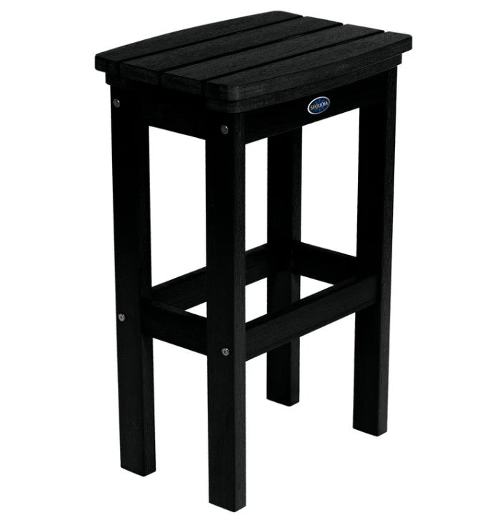 Black bar stool with curved seat on a white background