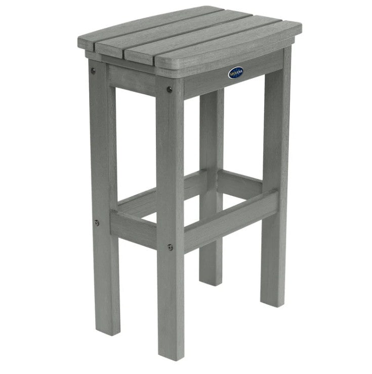 Gray outdoor stool with a brand logo on a white background