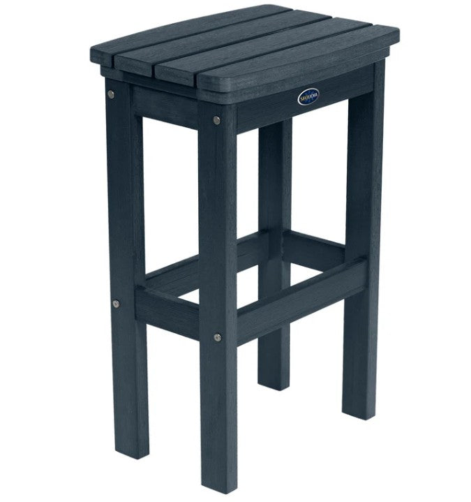 Dark blue outdoor stool with a visible brand logo on a white background