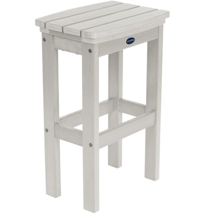 White outdoor stool with a visible brand logo on a white background