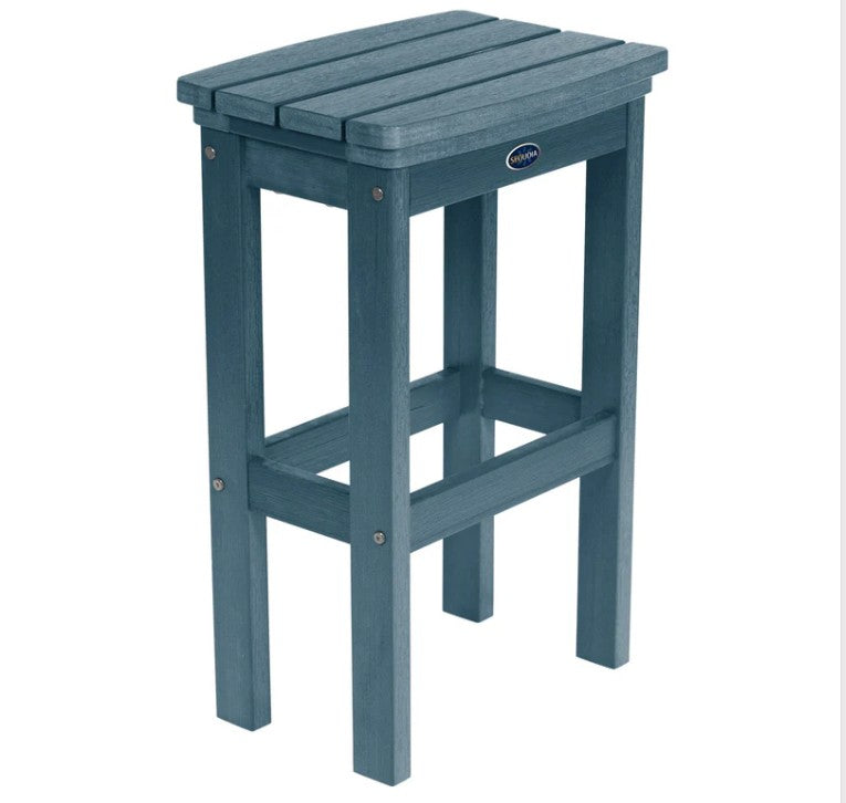 Blue bar stool with a visible brand logo on a white background