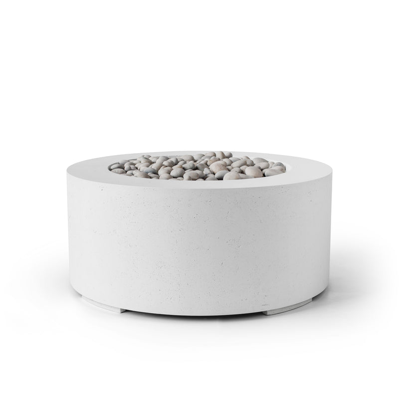 Belmont 36-inch natural concrete fire pit with ivory beach stone on a white background.  