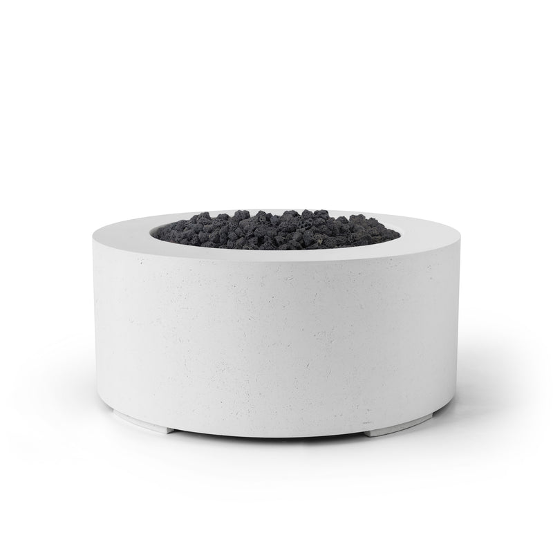 Belmont 36-inch natural concrete fire pit with black lava rock on a white background.  