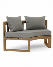 Circular teak bench with bliss smoke cushions on a white background.  