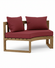 Circular teak bench with burgundy cushions on a white background.  