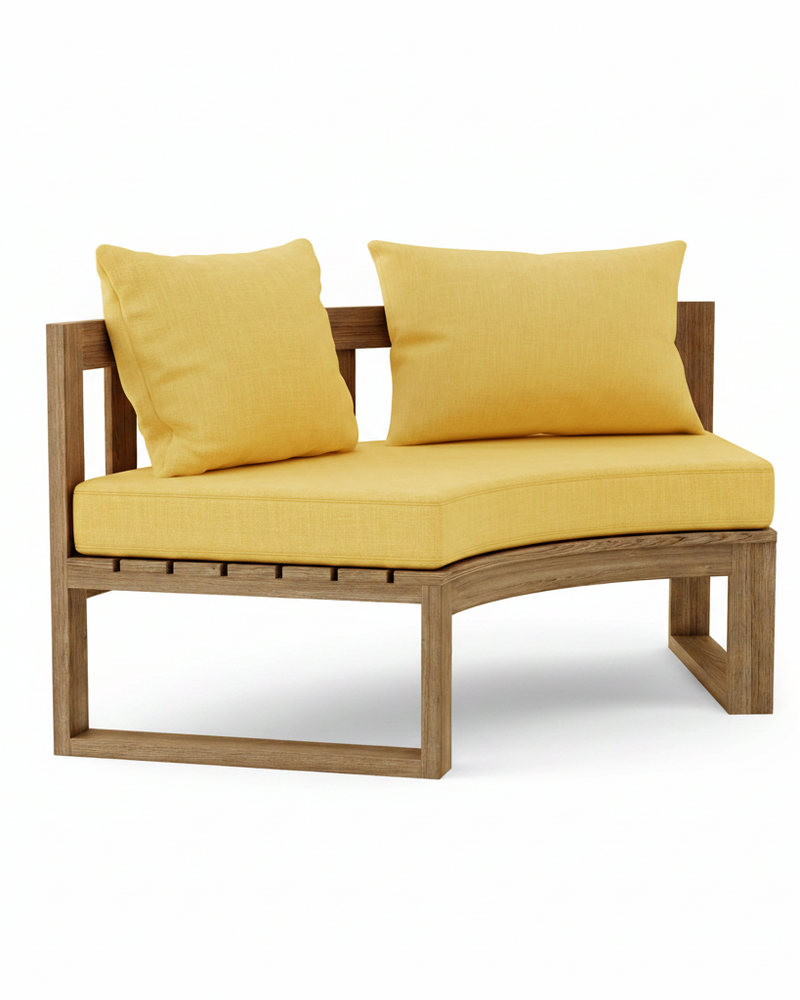 Circular teak bench with buttercup cushions on a white background. 