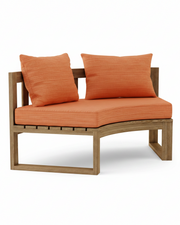 Circular teak bench with dupione papaya cushions on a white background.  