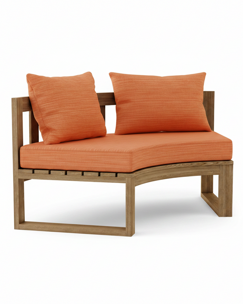 Circular teak bench with dupione papaya cushions on a white background.  