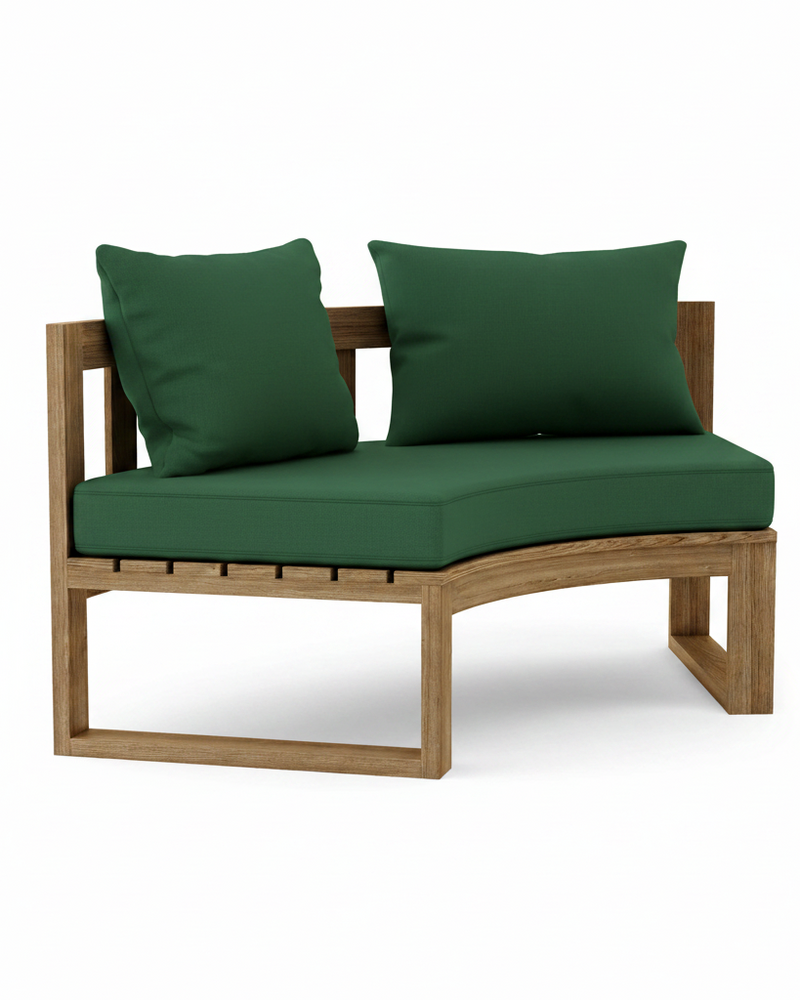 Circular teak bench with forest green cushions on a white background.  