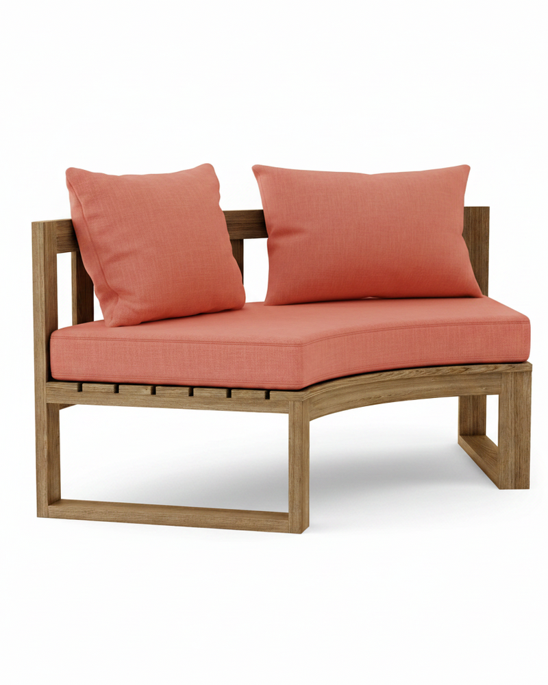 Circular teak bench with henna cushions on a white background.  