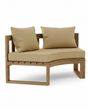 Circular teak bench with linen sesame cushions on a white background.  